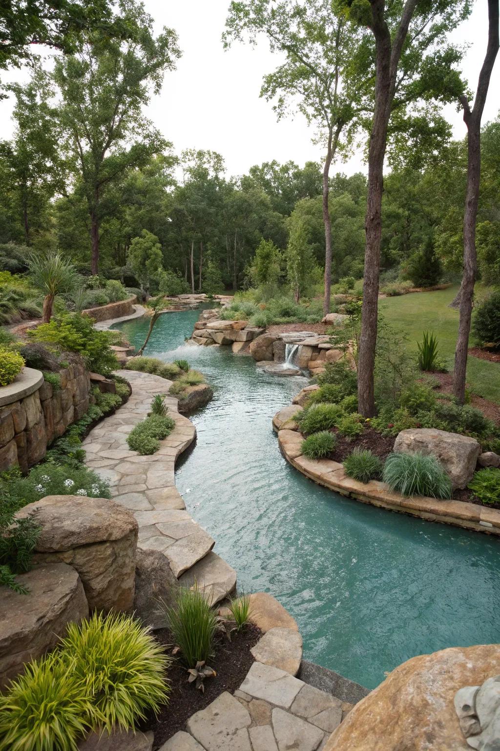 A lazy river pool blended seamlessly with natural landscaping.
