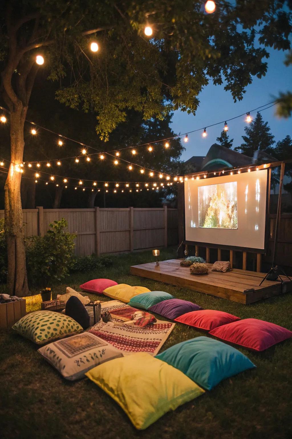 Vibrant floor cushions provide a relaxed and snug seating arrangement for your backyard movie night.