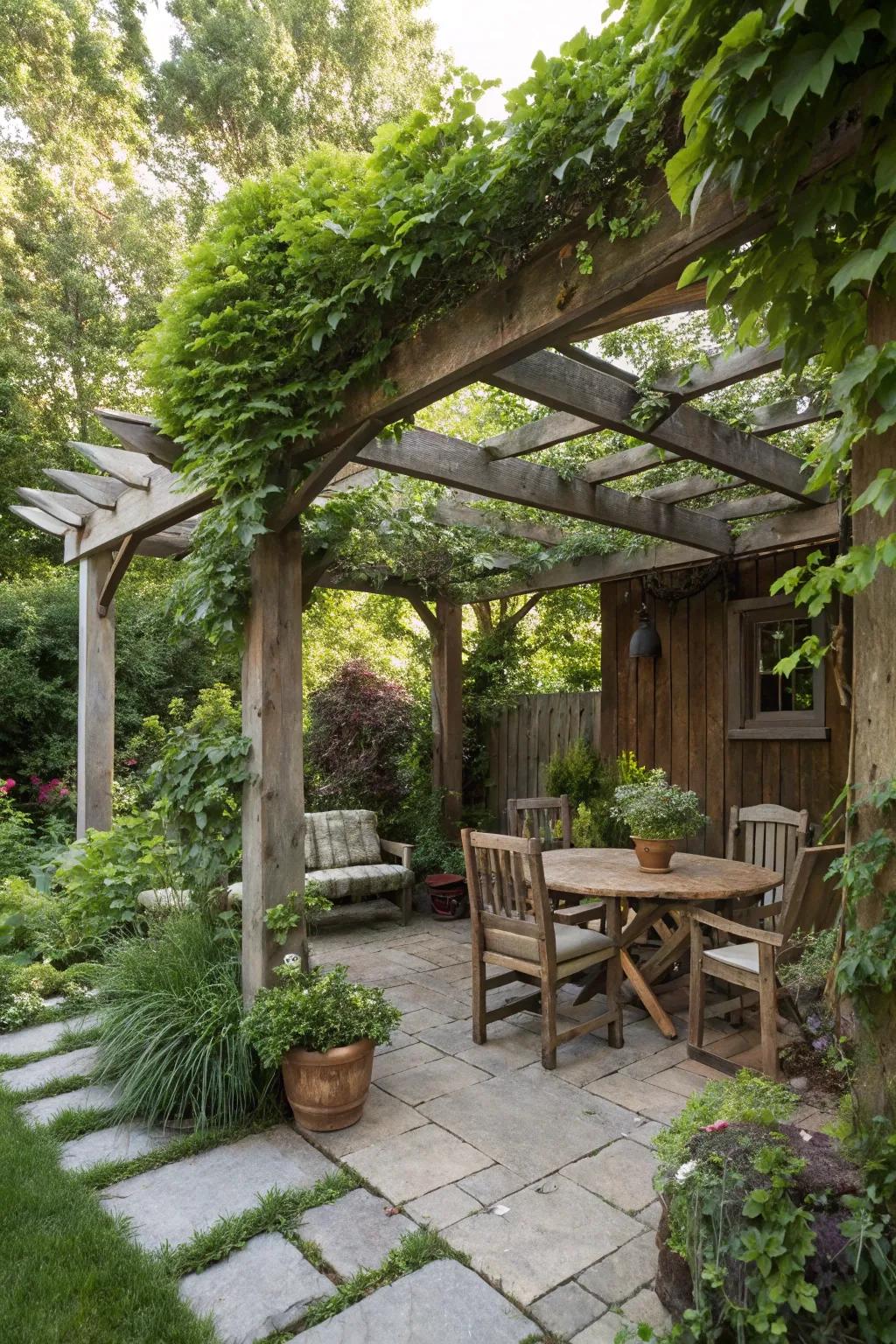 A charming pergola made from reclaimed wood, providing shade and style.