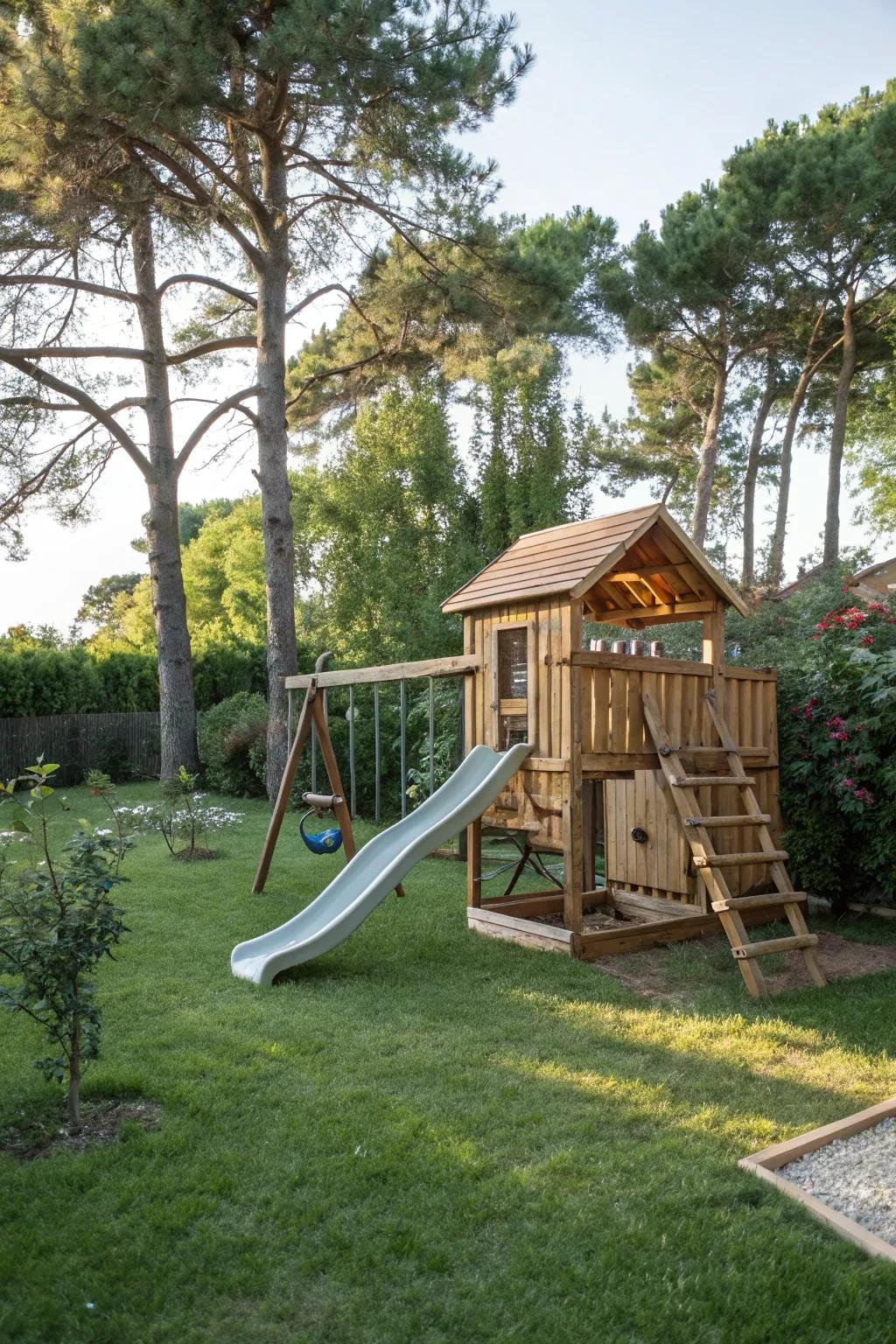 A timber playset with a ramp for limitless entertainment