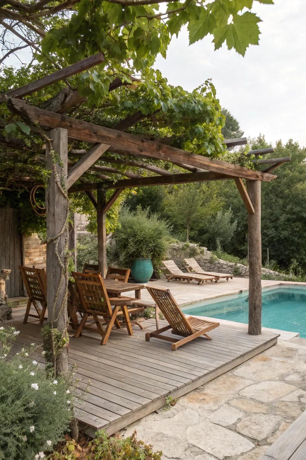 A classic wooden pergola generates a welcoming and cozy poolside atmosphere.