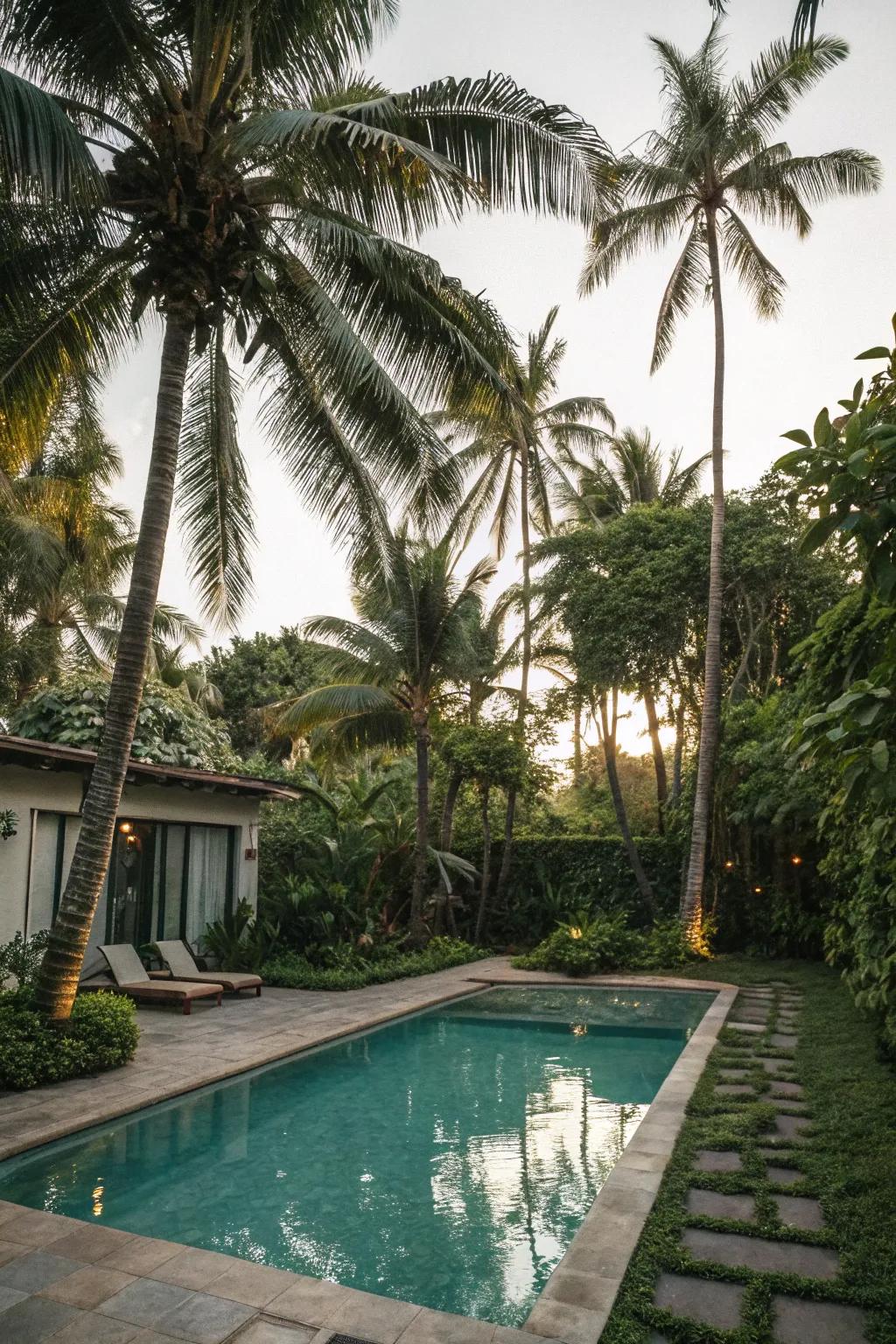 Towering palms establish a tropical ambiance around this welcoming pool.