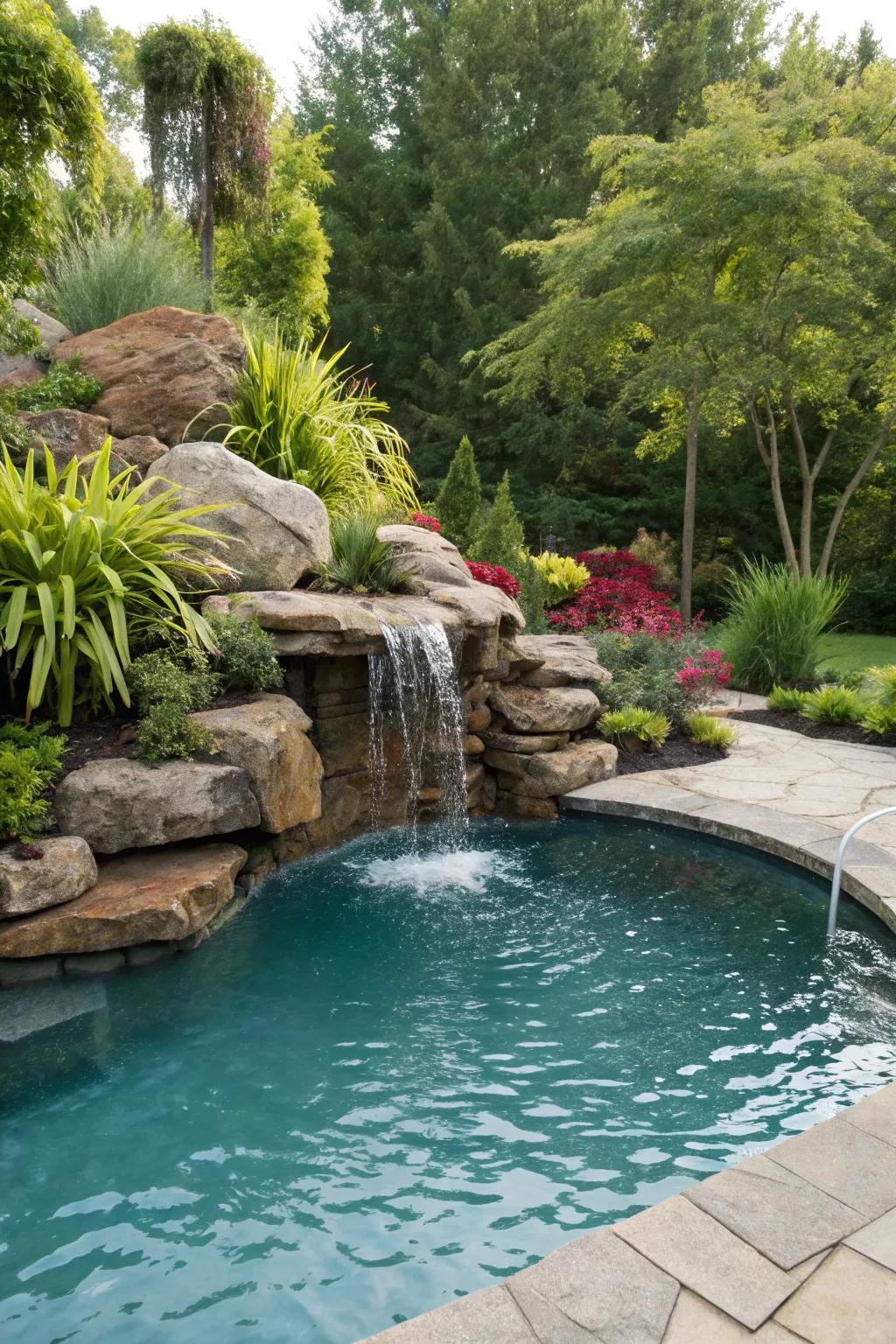 An organic stone cascade introduces an earthy element to your backyard pool.