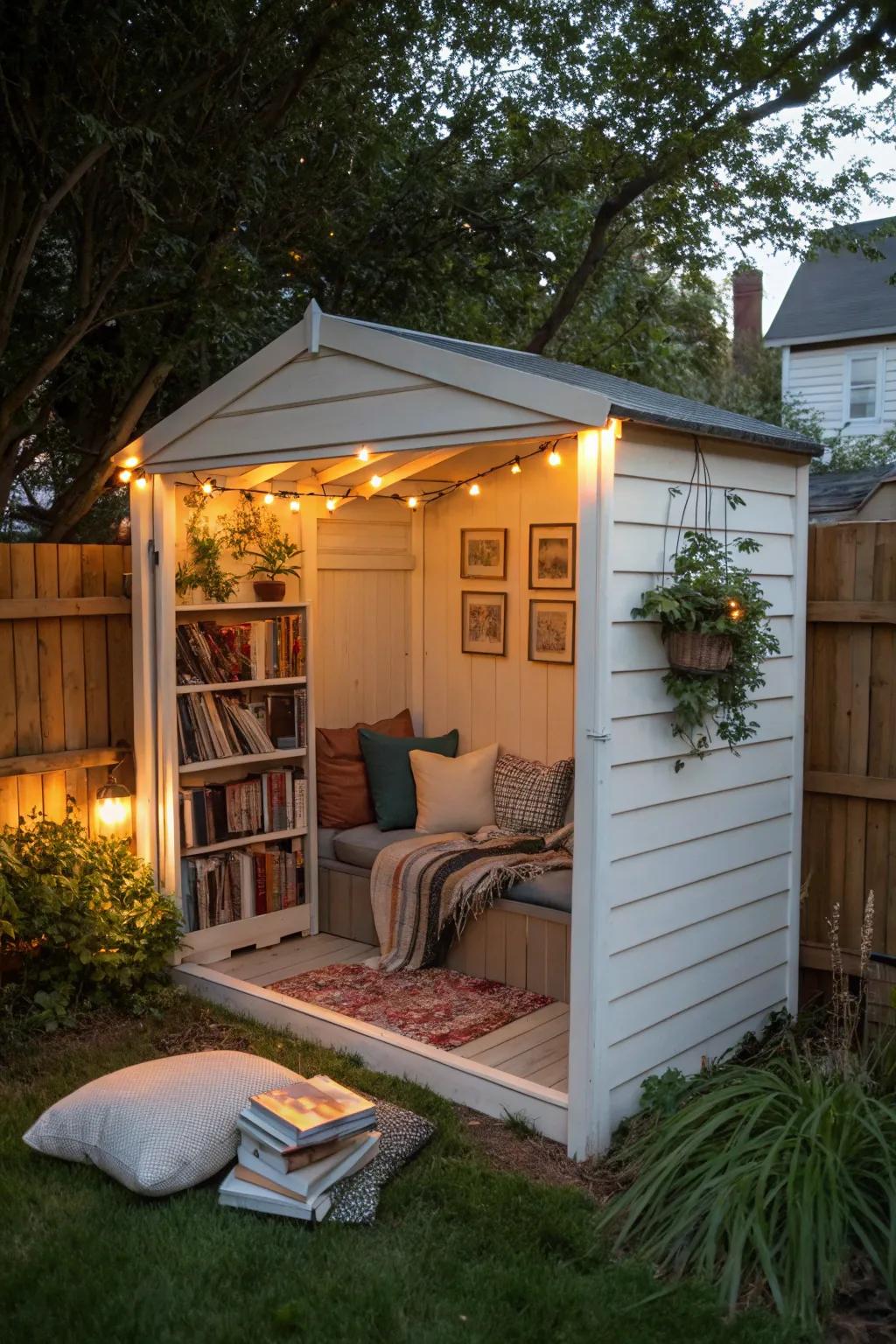 A converted shed into a cozy retreat, perfect for reading and unwinding.