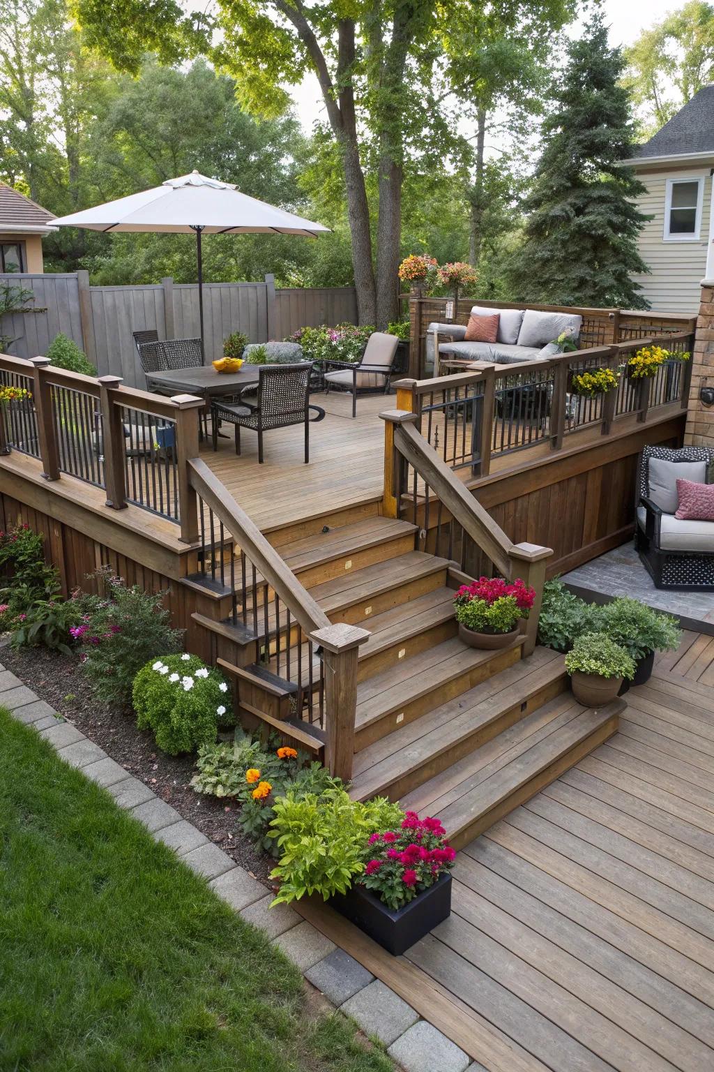 A multi-tiered deck introduces depth and distinction to any compact outdoor area.