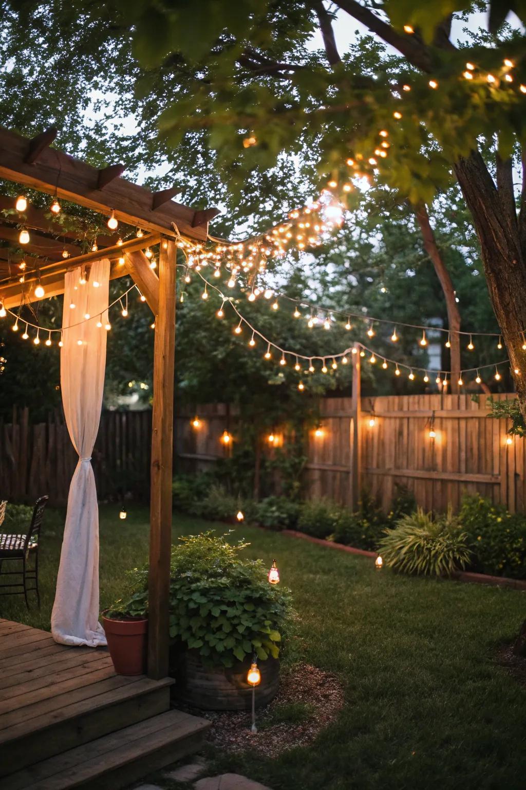 Fairy lights gracefully cascading over a backyard setting.
