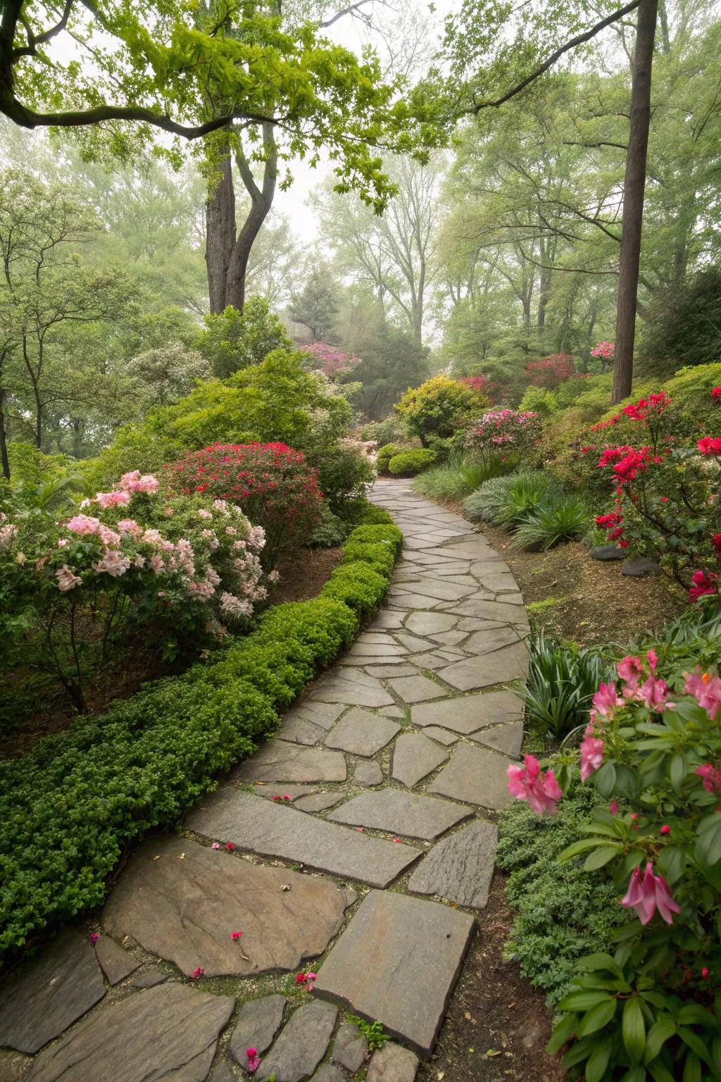 A stone path gracefully meandering through a vibrant green yard.