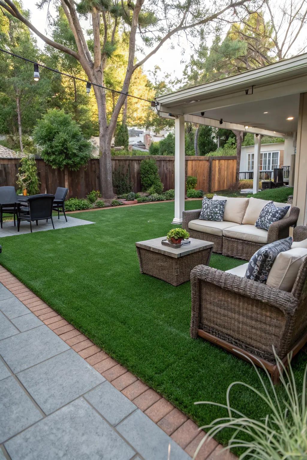 A patio flawlessly integrated with rich synthetic grass.