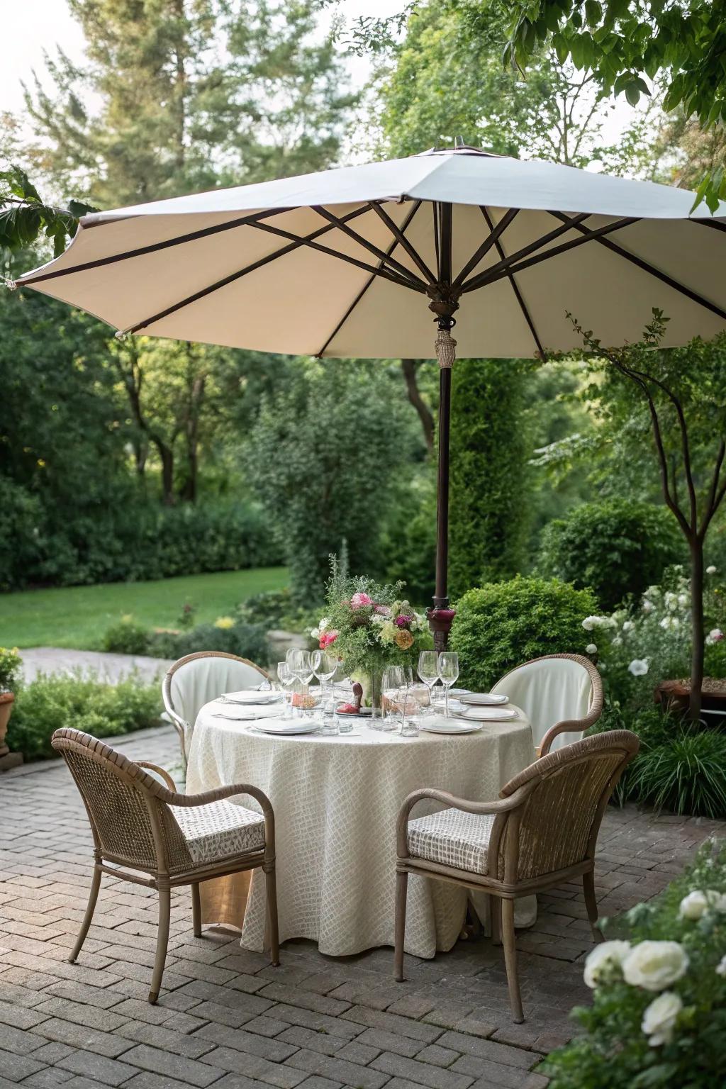 An elegant outdoor dining setting shaded by a patio umbrella.