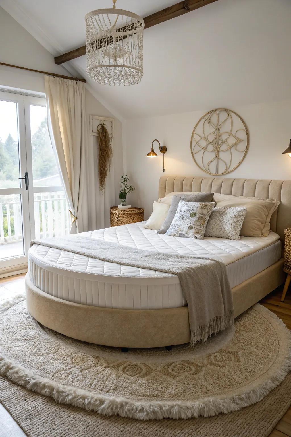 A bedroom showing a round bed frame with a rectangular mattress awkwardly placed inside.