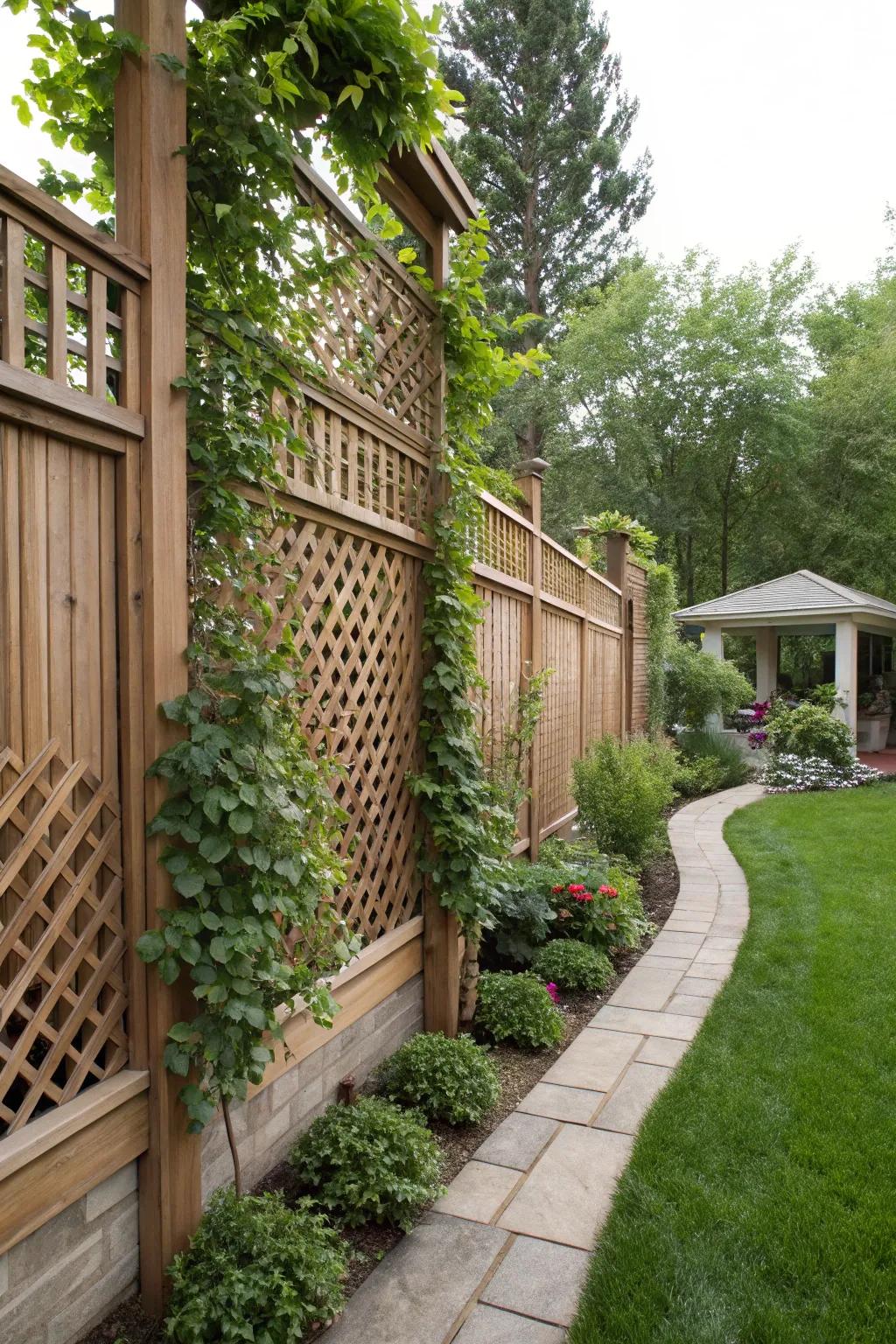 Construct a natural seclusion screen with lattice and exuberant vines.