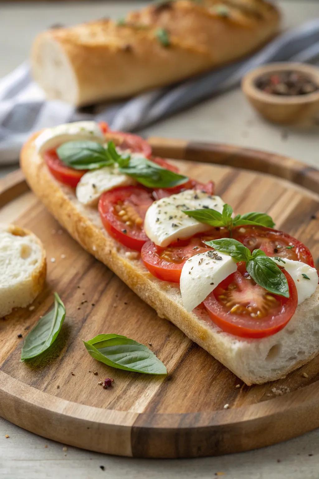 A classic Tomato Mozzarella Baguette, exploding with garden-fresh flavors.