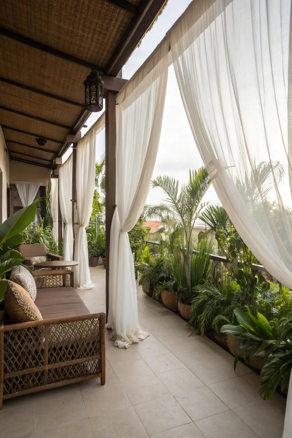 Establish a peaceful setting with light fabric drapes.