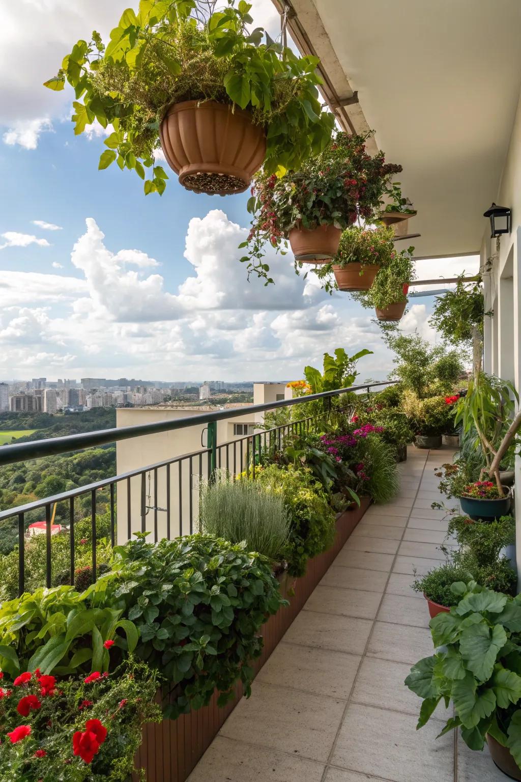 Transform your balcony into a flourishing garden with an assortment of potted and hanging flora.