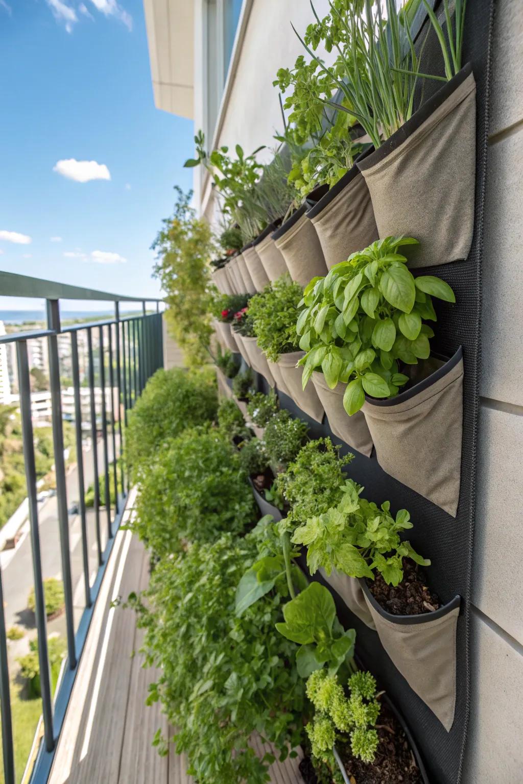 A vertical herb wall saves space and adds a lot of green to your balcony.