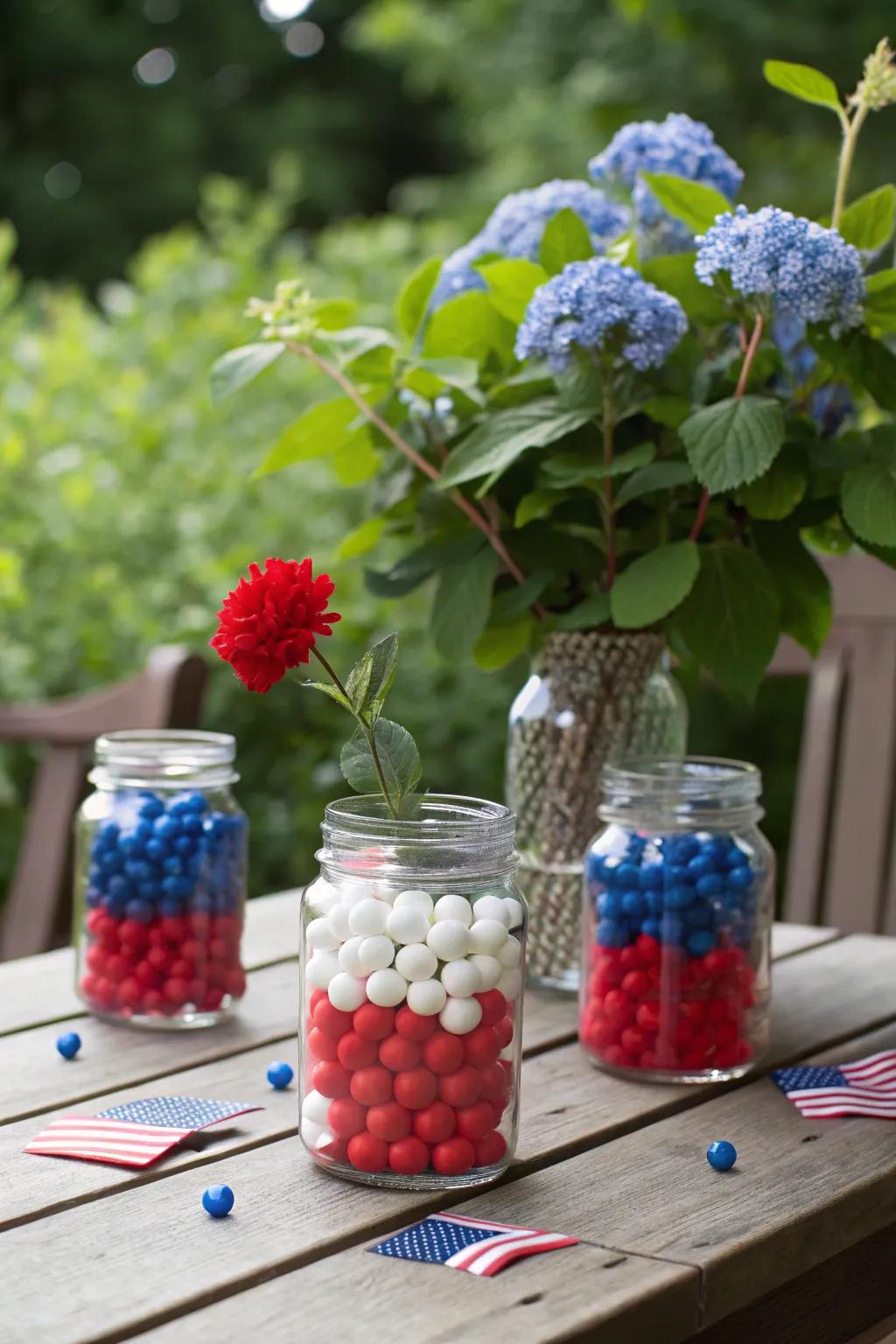 Patriotic ball jar centerpieces perfect for summer celebrations.