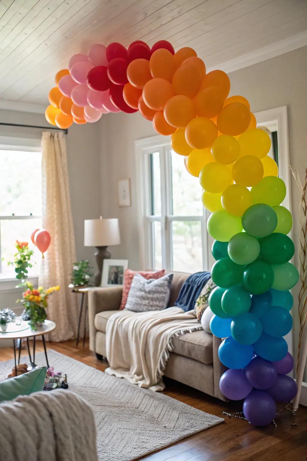 An uplifting rainbow-themed balloon arrangement that infuses a burst of color into any environment.