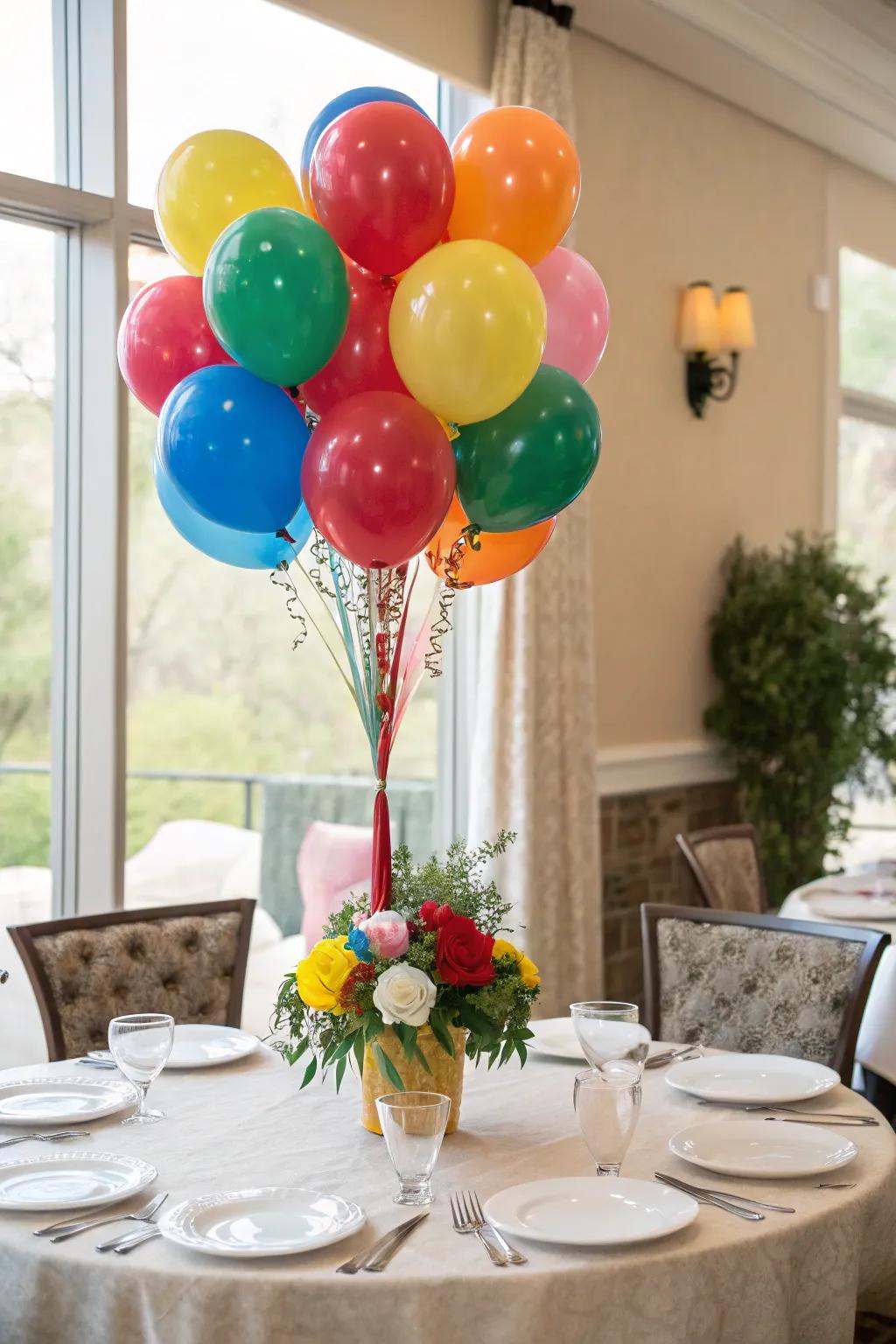 A bright balloon bouquet centerpiece adds vibrancy to a dining table.