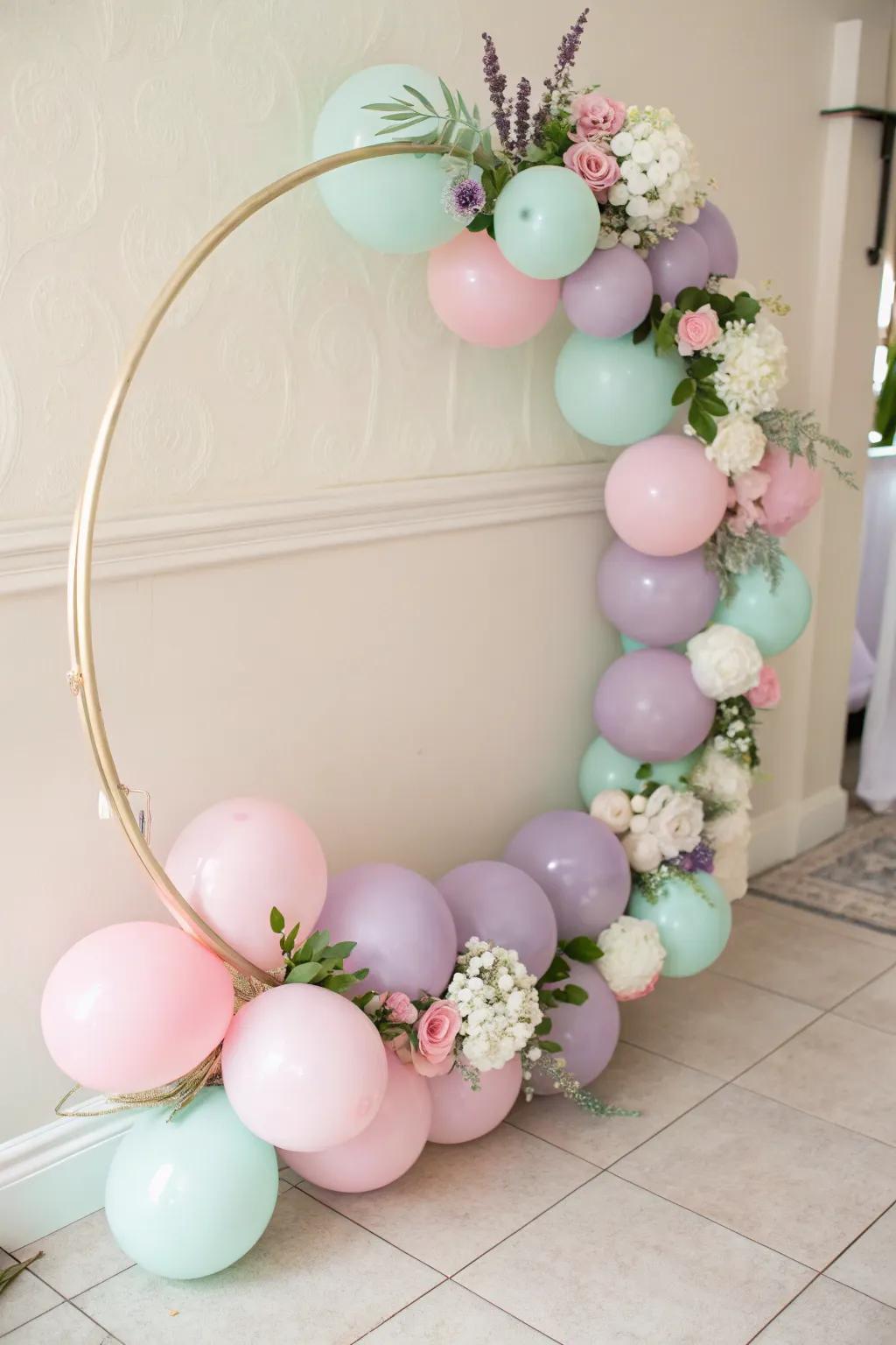 A pastel balloon hoop adds a gentle touch to any decor.