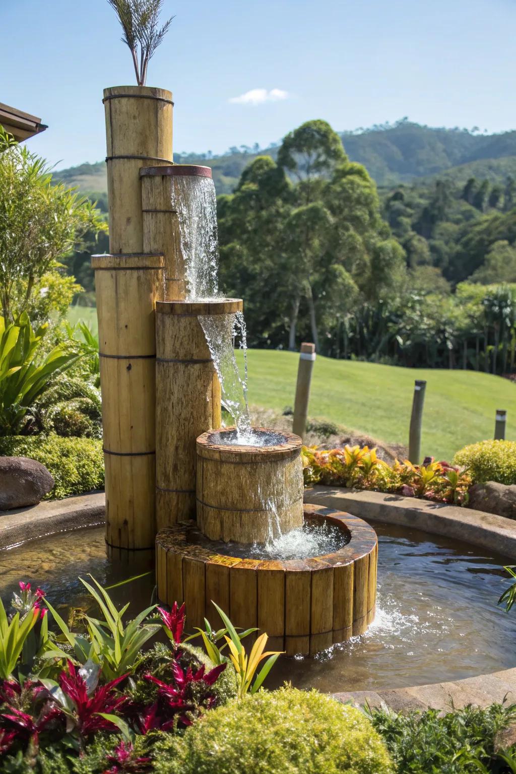 A tiered bamboo fountain with cascading water, nestled in a lush garden setting.