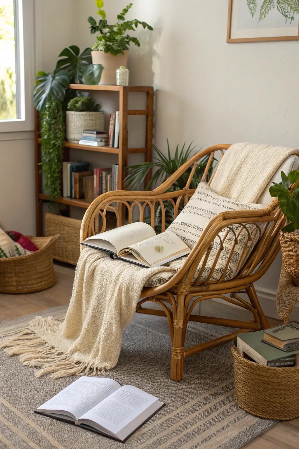 A bamboo flair chair nestled in a cozy reading corner