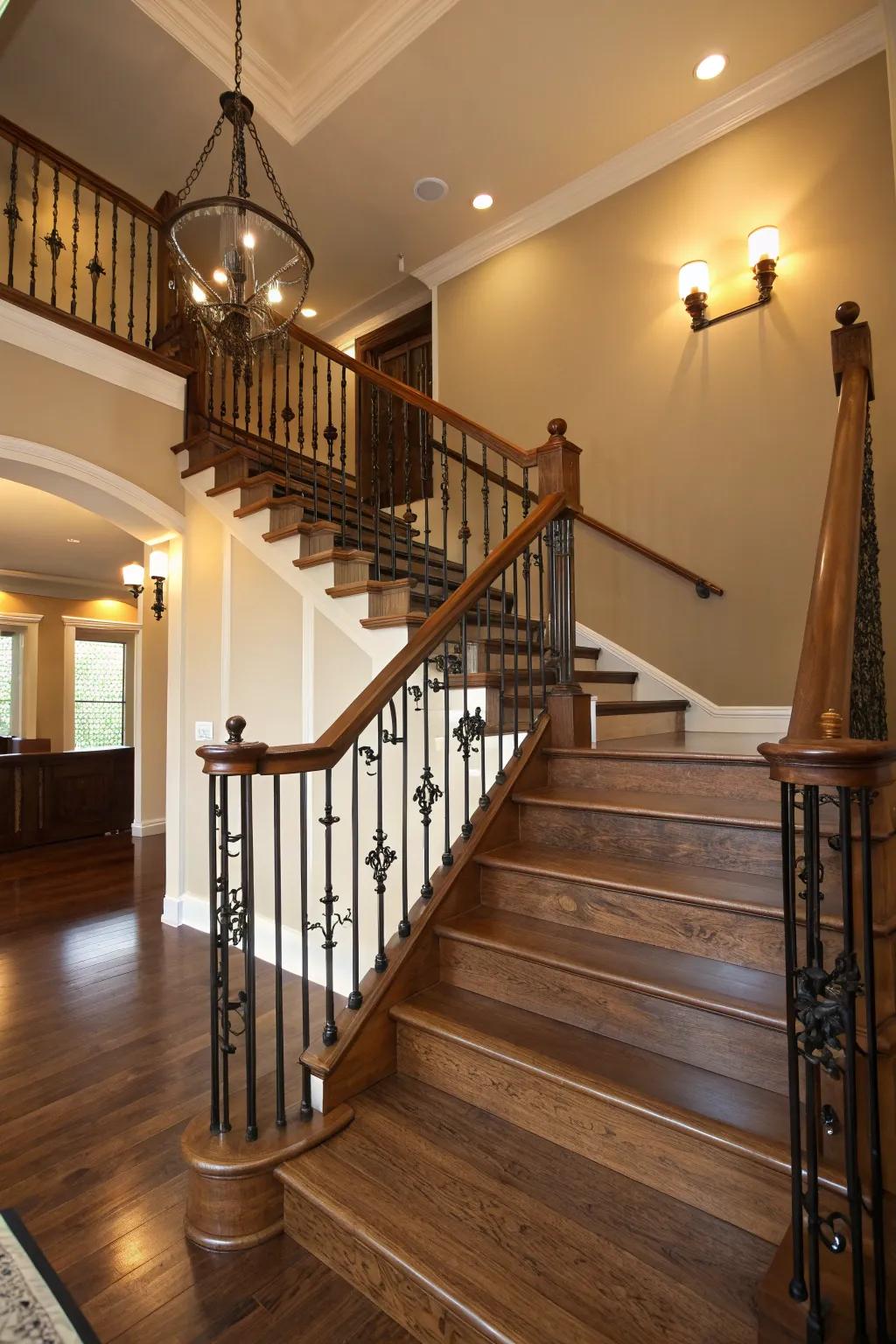 An elegant mix of wood and metal in a staircase banister design.