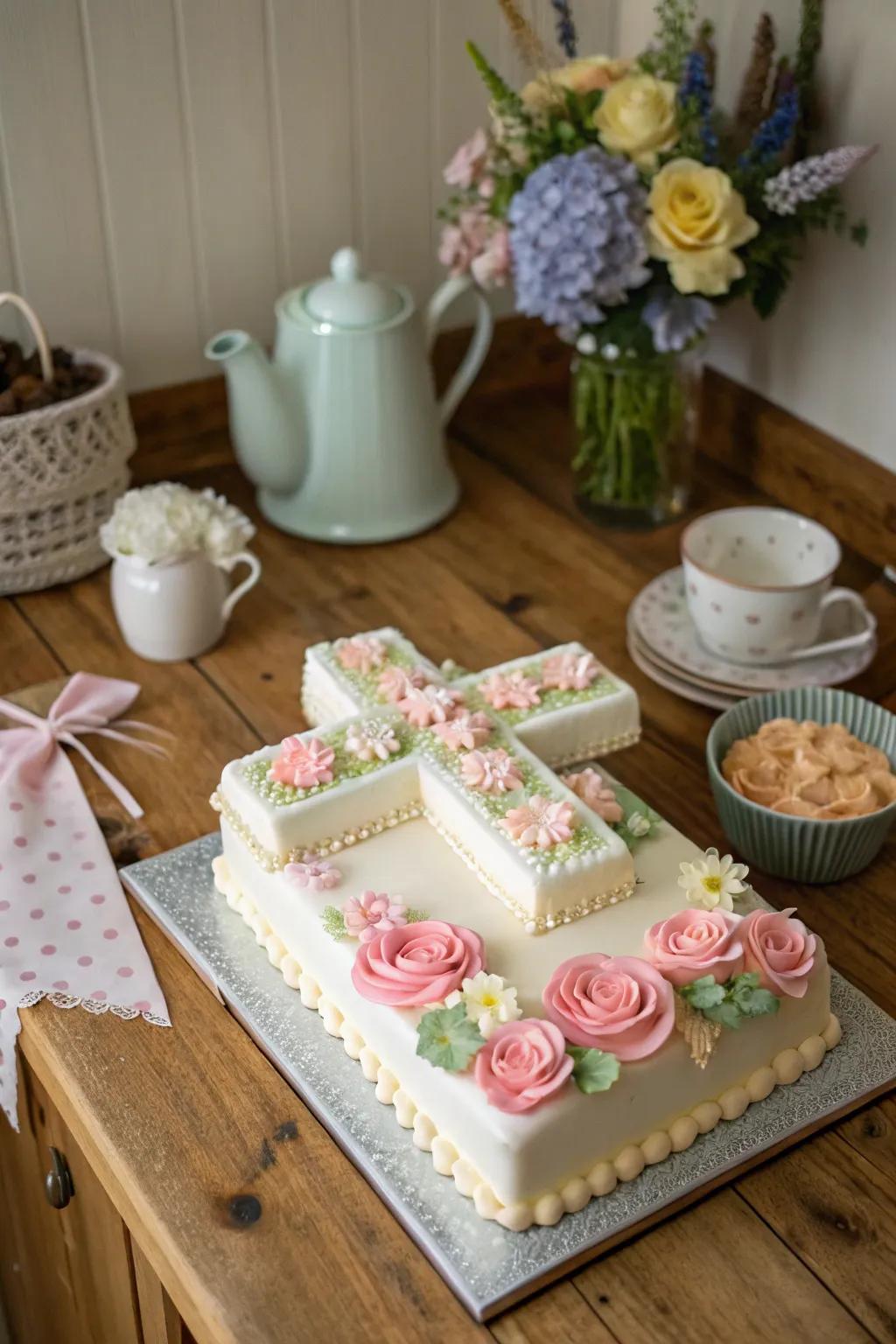 A timeless cross-shaped cake embellished with pastel blossoms.