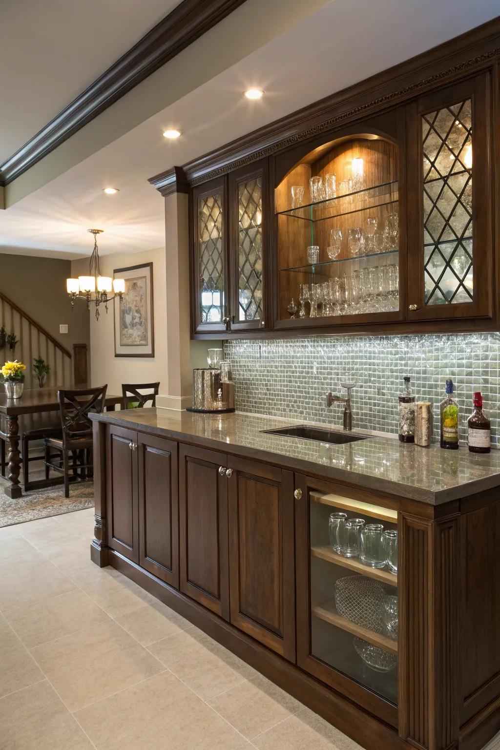 An elegant home bar featuring a radiant crystal tile backsplash.