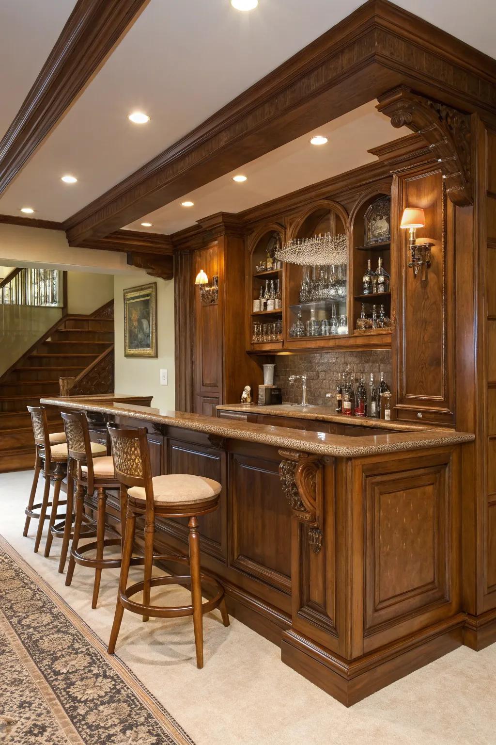 Deep wood accents introduce warmth and sophistication to your bar area.