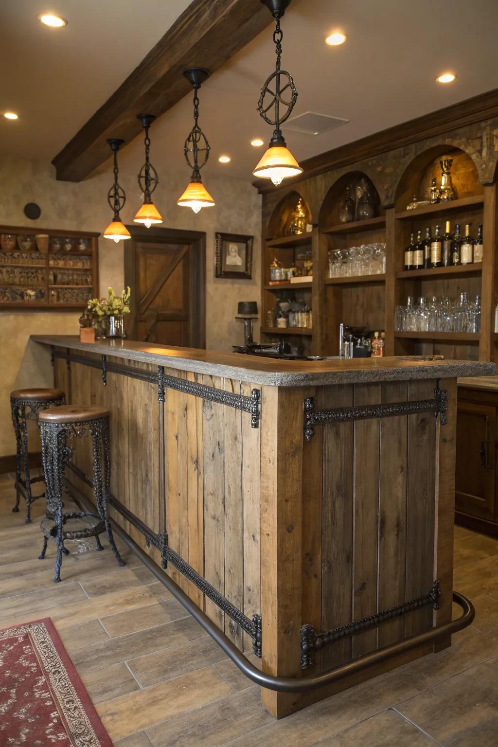A charming foot rail combines wood and iron to create a warm bar setting.