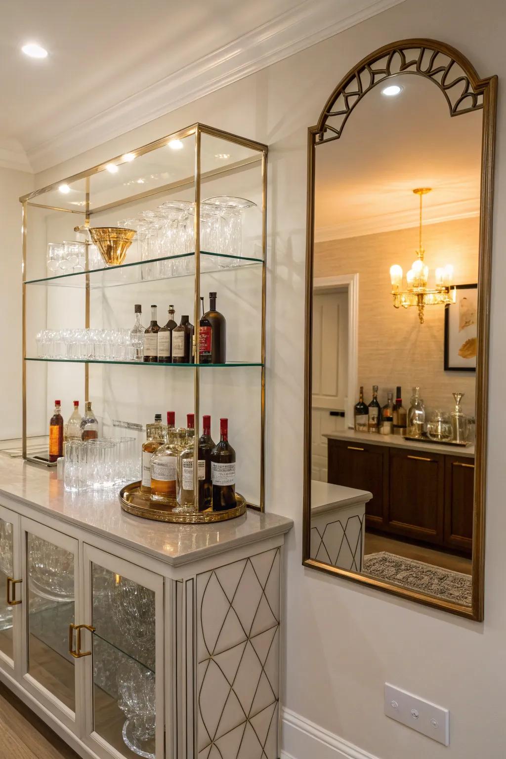 Glass shelves on a mirrored backdrop create a sleek and sophisticated home bar.