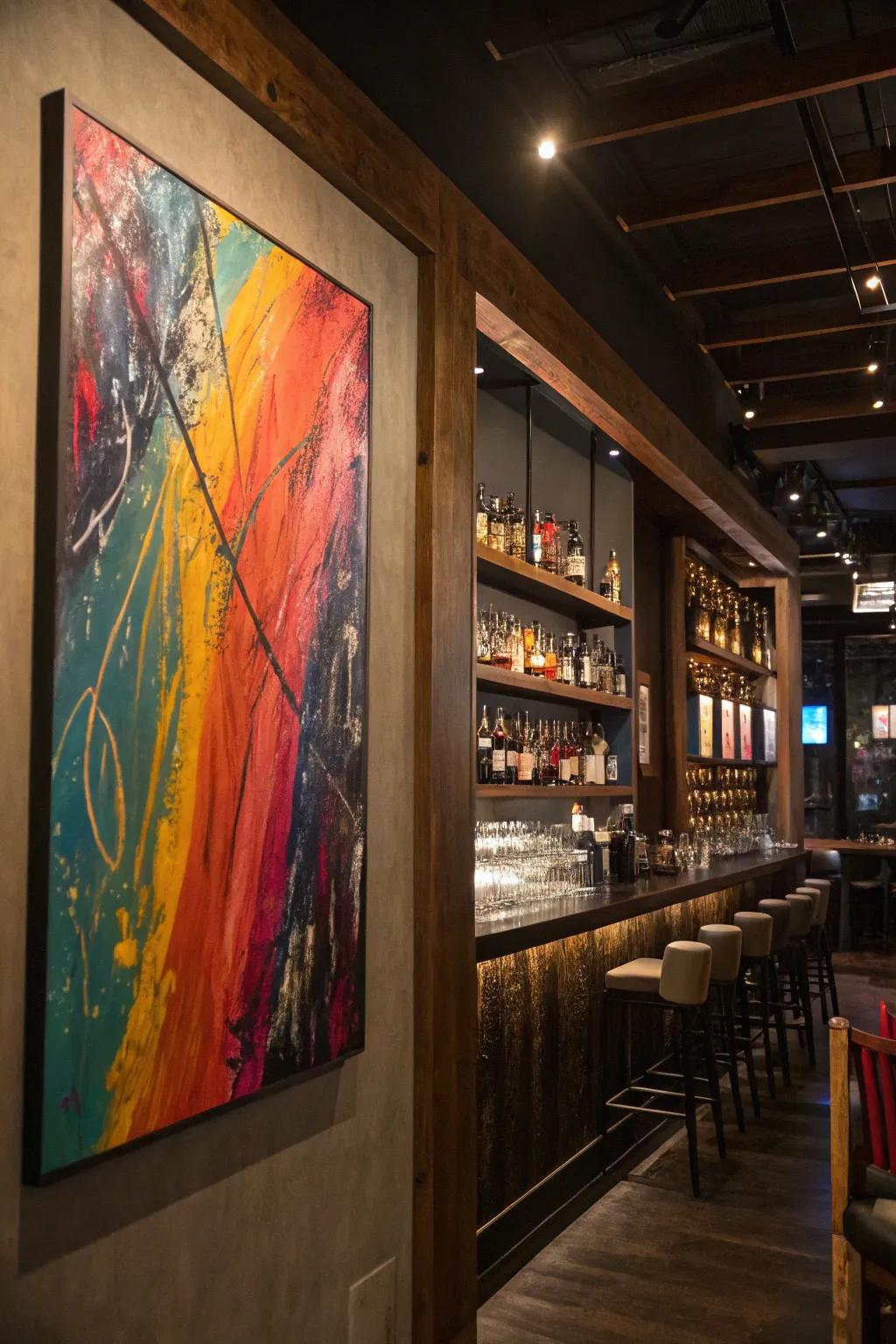 Abstract art brings a modern, creative twist to any bar area.