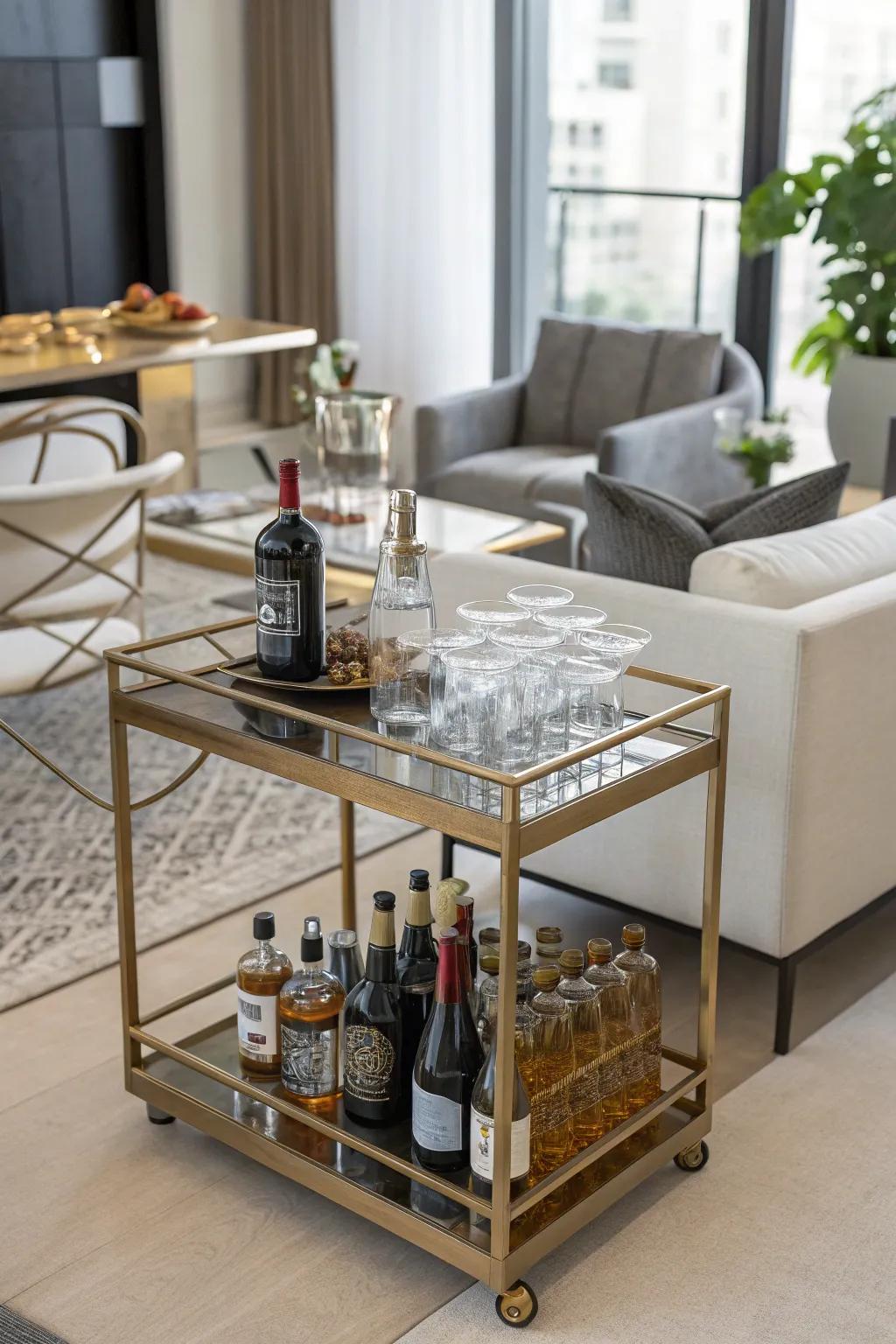 A rolling bar introduces a sophisticated element to any gathering.