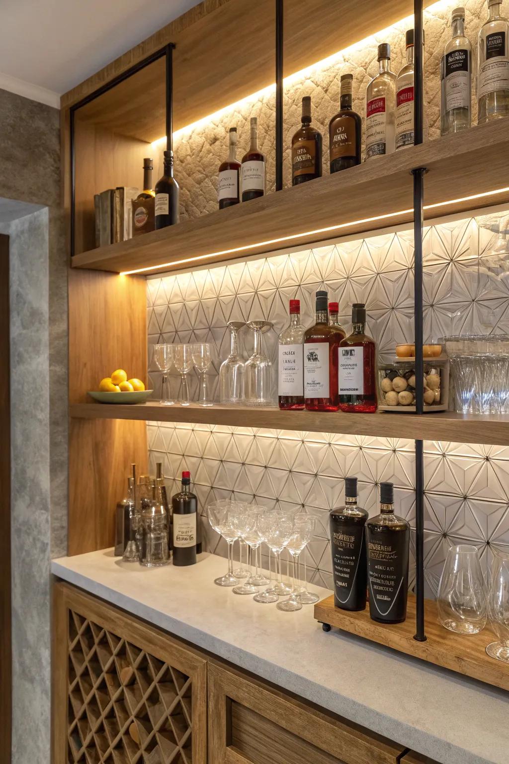 Open shelving adds style and accessibility to your bar.