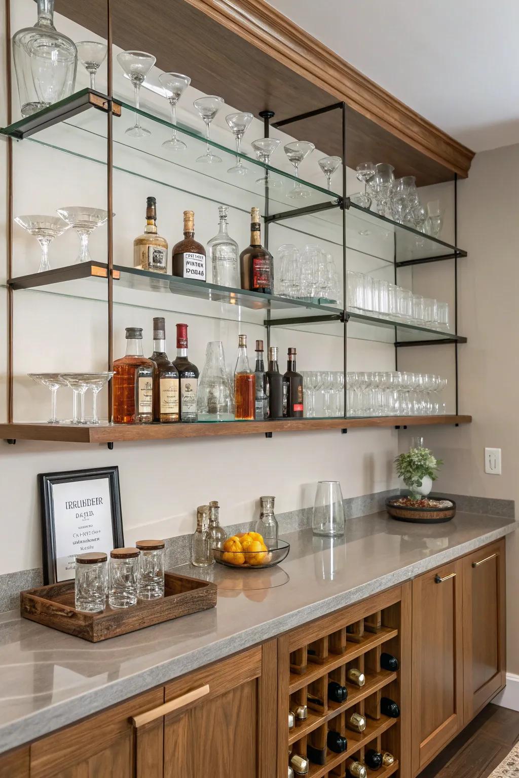 With floating shelves, you can create a minimalist yet sophisticated display for your spirits and glassware.