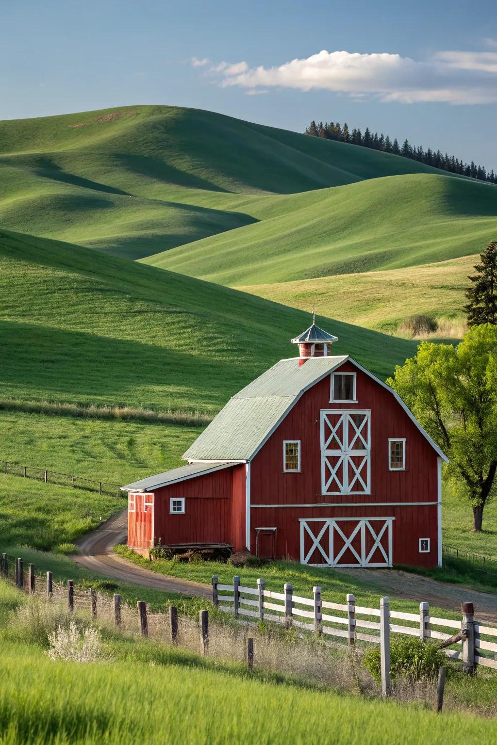 A quintessential crimson barn with snowy trim, harmonizing flawlessly with its natural backdrop.
