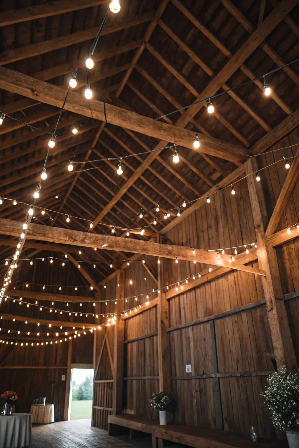 Twinkling lights bring a cozy glow to barn interiors.