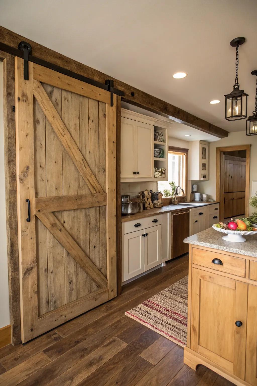 A farmhouse kitchen with a natural wood sliding barn door concealing the pantry.