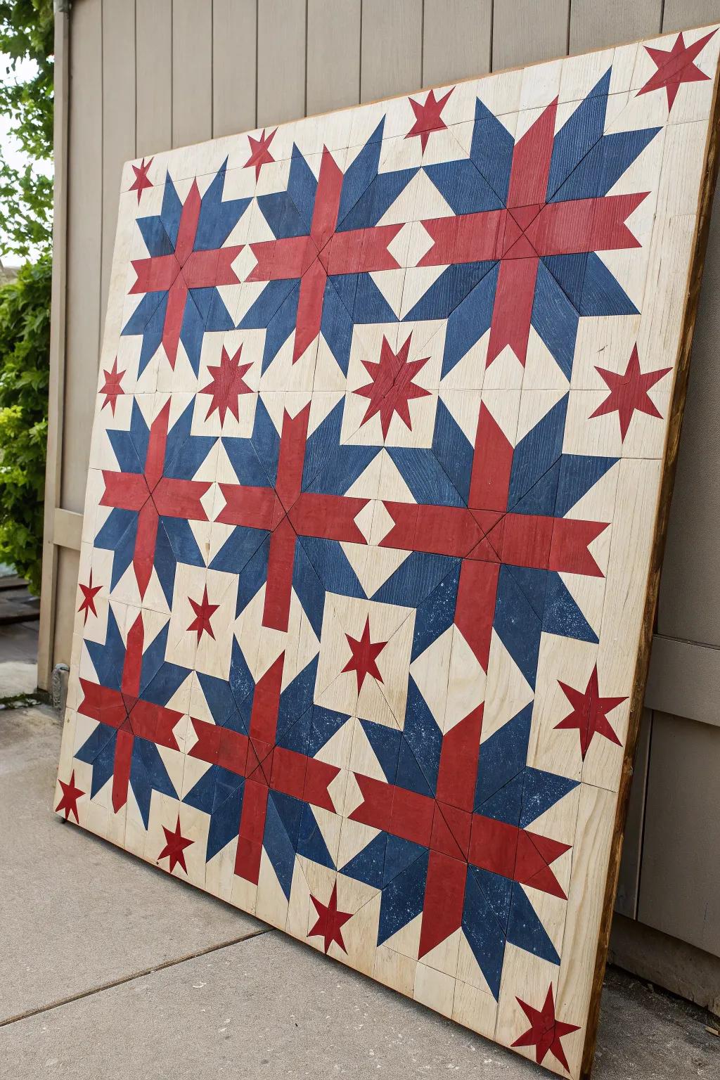 Exquisite star quilt design showcased on wood.