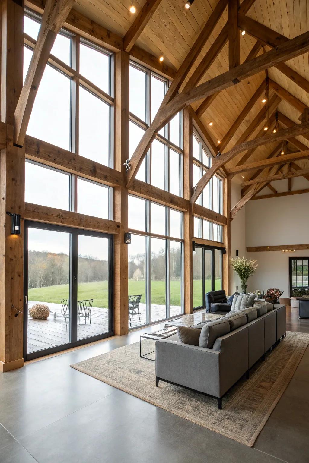 A balanced combination of modern and rustic design in this barndominium living area.