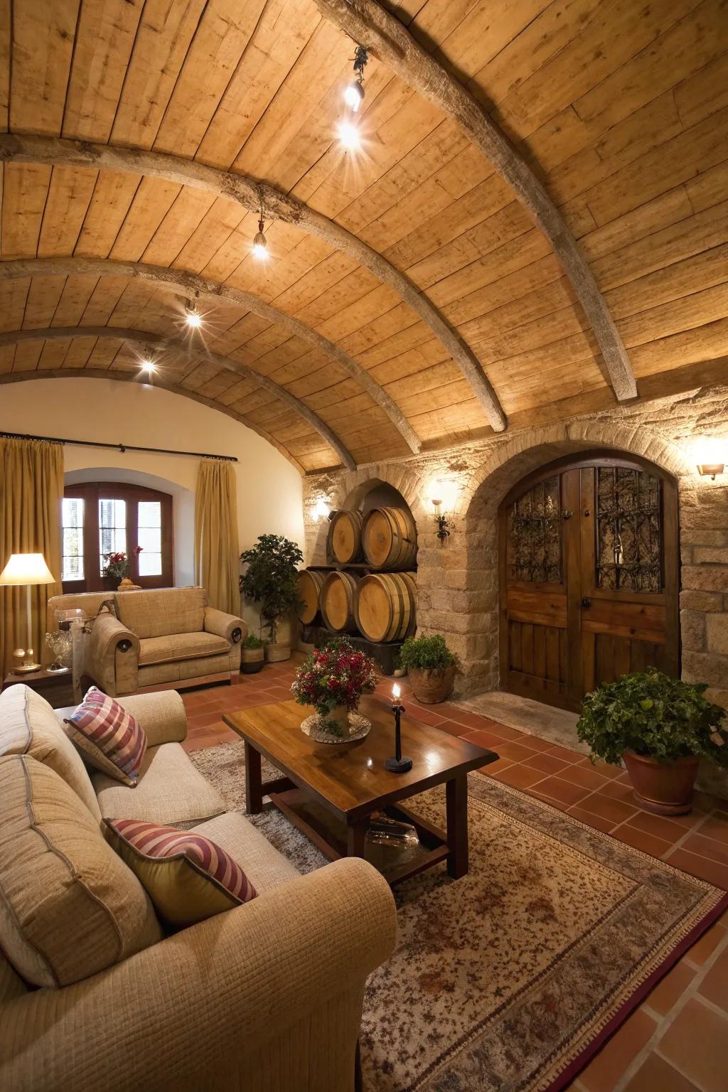 A snug living area featuring a wooden vaulted ceiling, creating a warm environment.