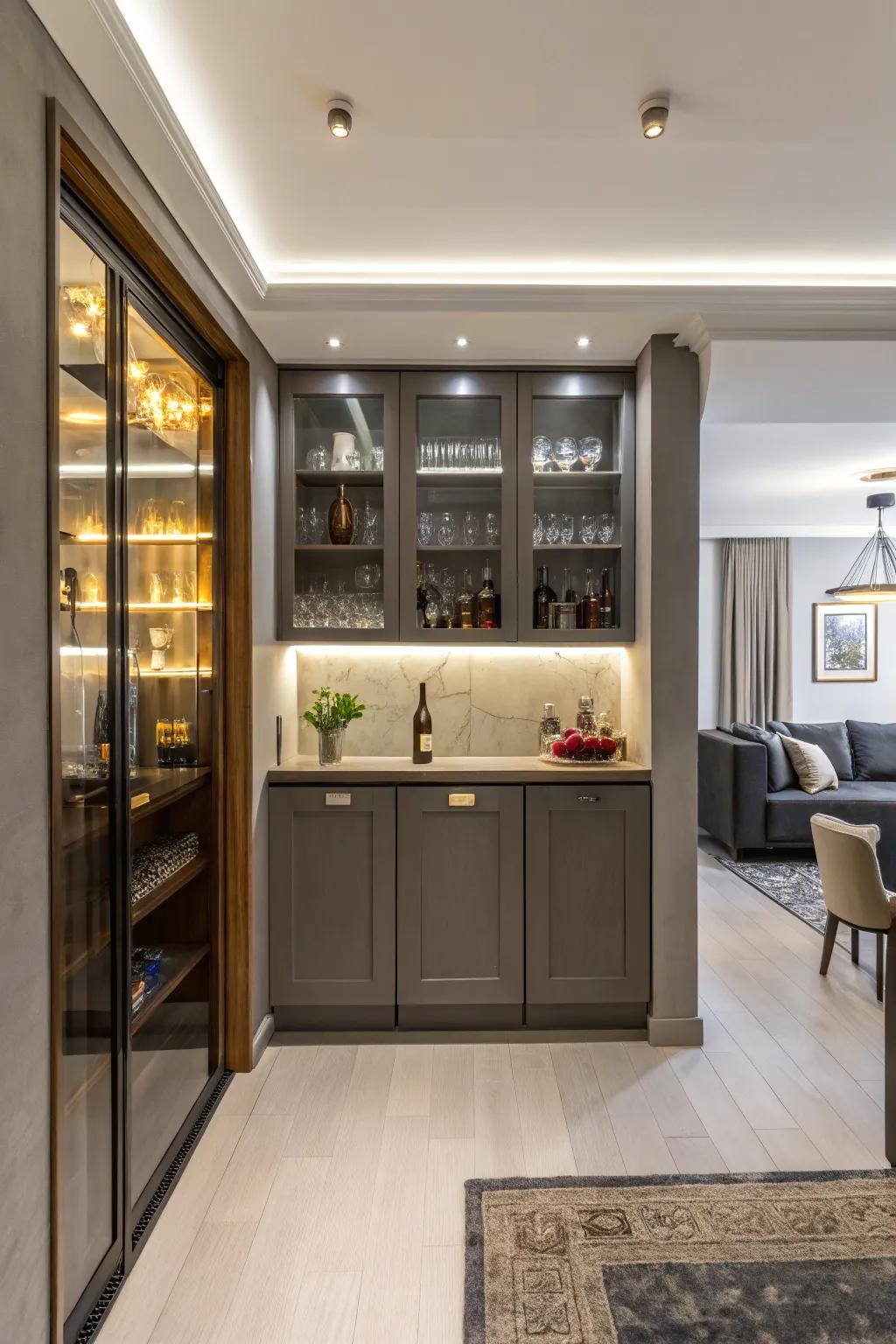 A stylish built-in bar that maximizes space and design in a snug apartment.