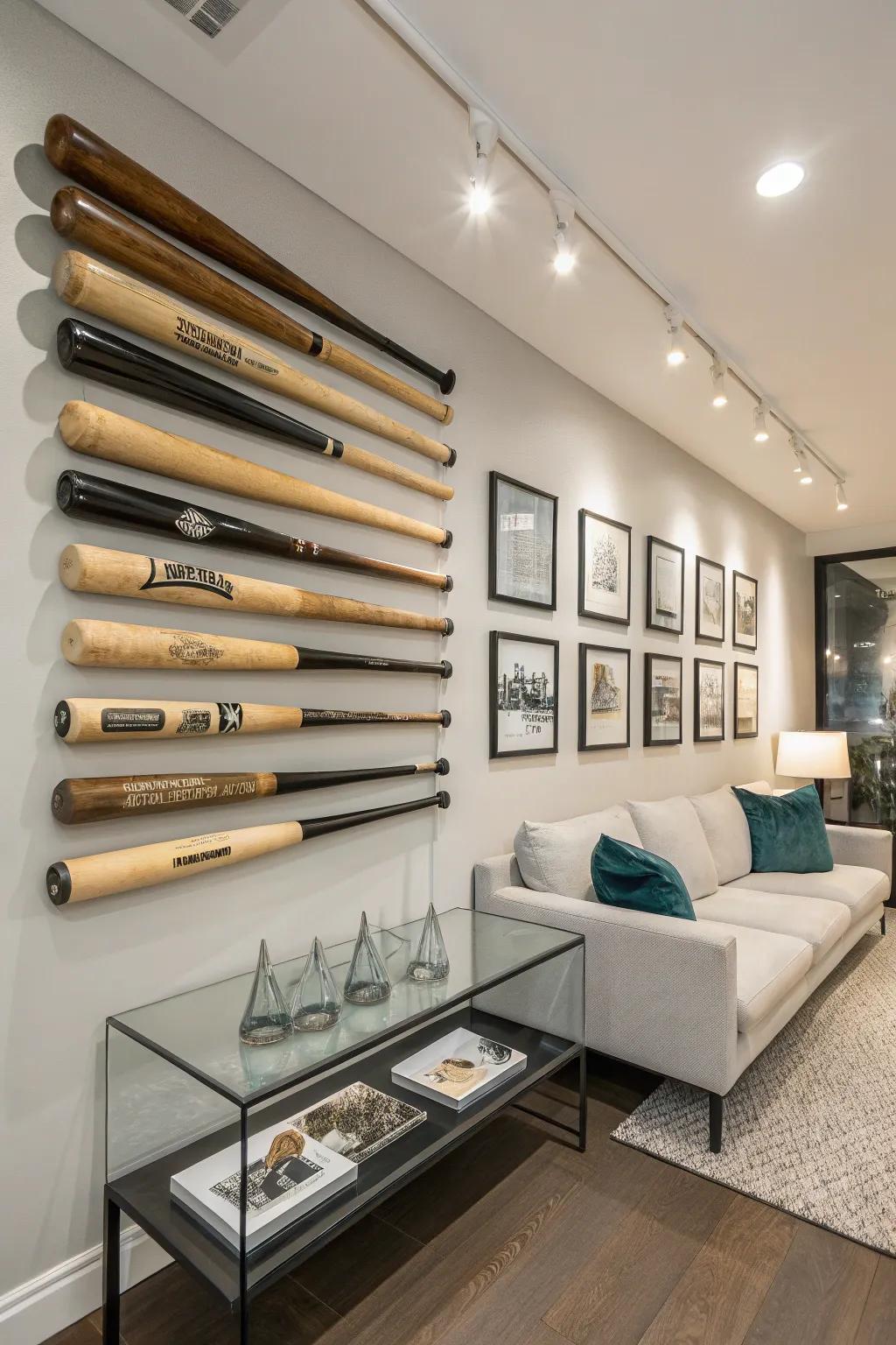 Sporting sticks create a captivating wall display.