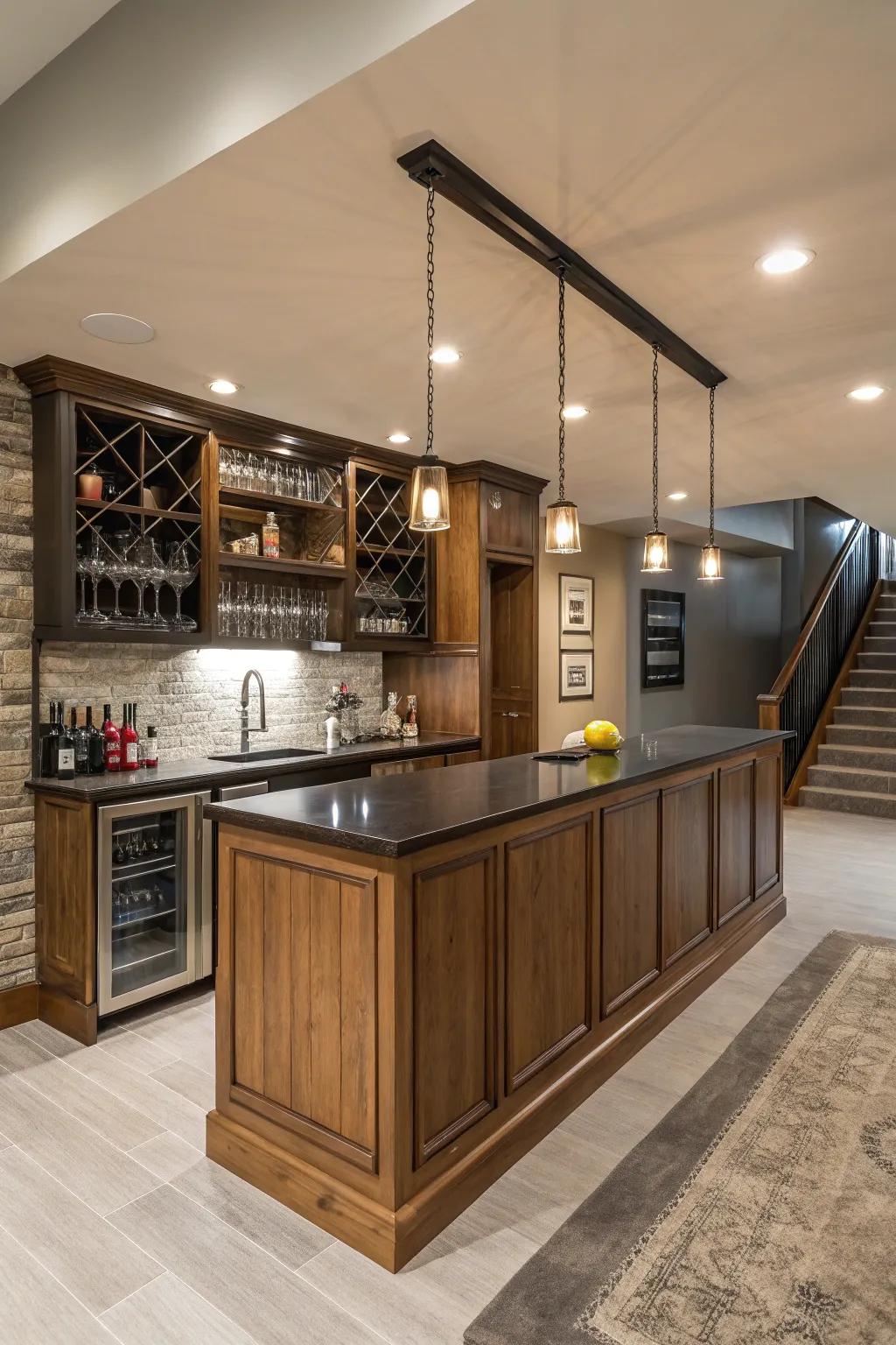 A modern basement bar featuring a combination of wood and metal for a stylish appearance.