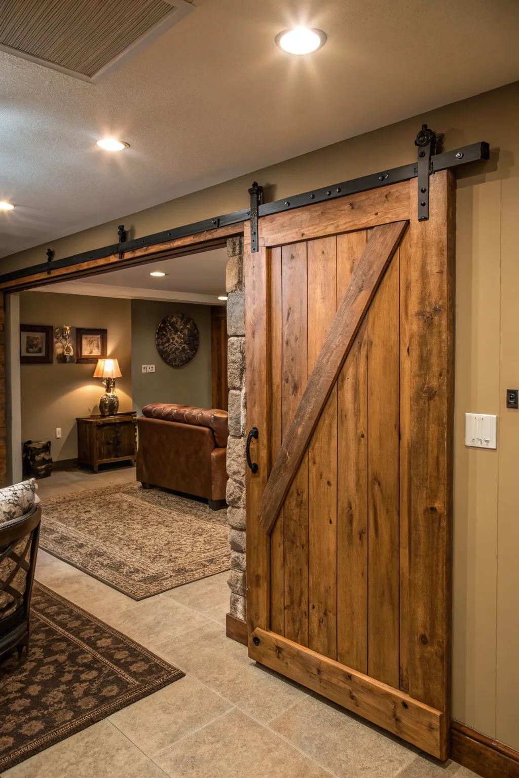 A rustic sliding stable-style door adds warmth and saves valuable basement space.