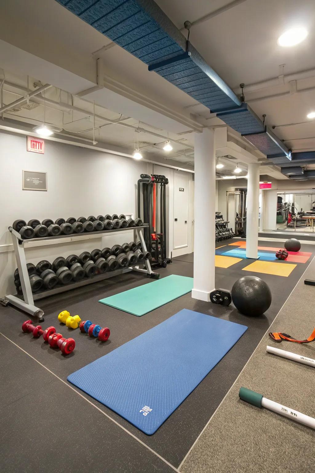 Demarcate distinct sectors for various exercise activities within your basement fitness space.