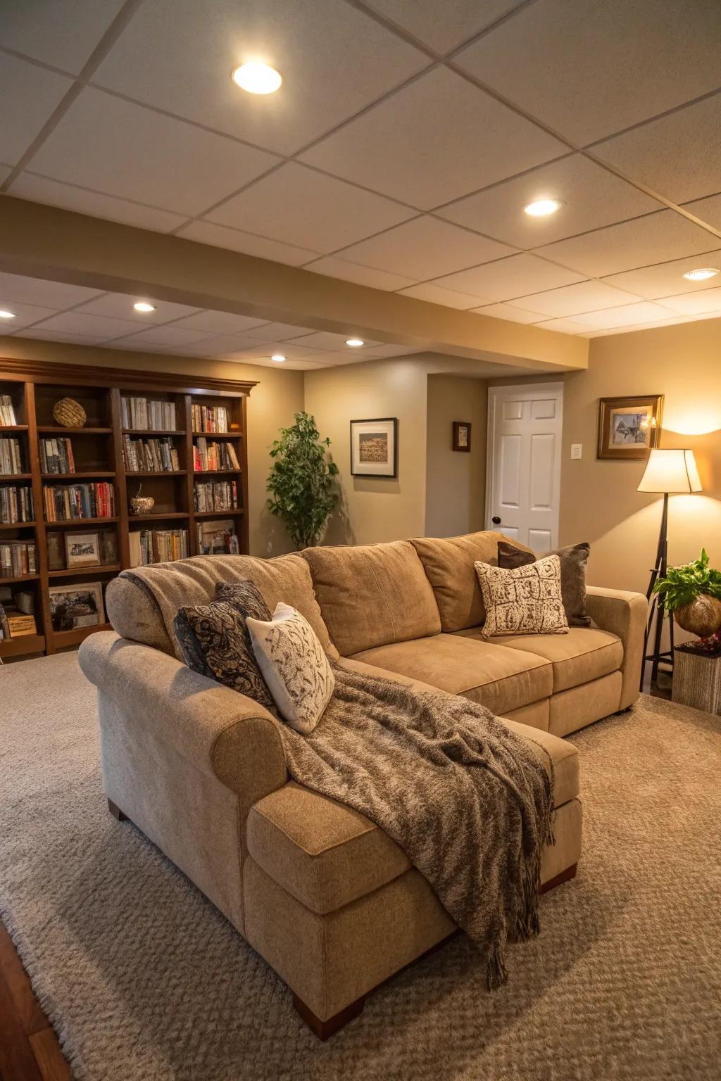 A cozy basement lounge enhanced by a sectional sofa and inviting lighting.