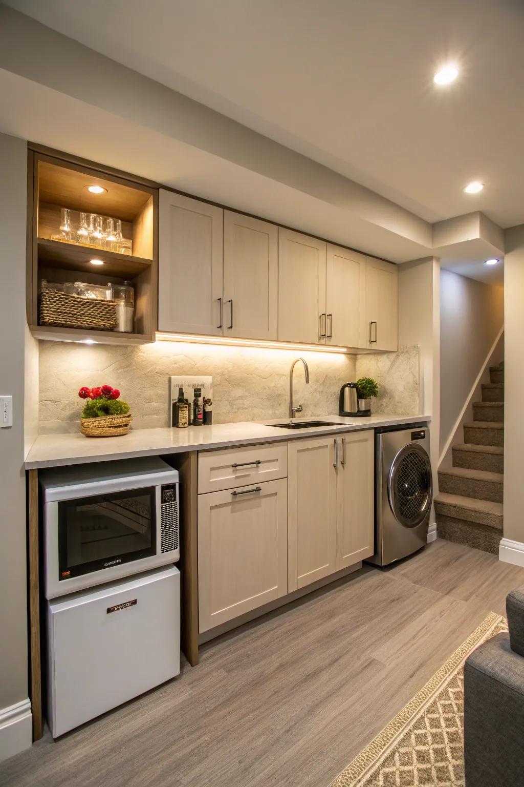 A one-wall arrangement provides a streamlined and effective layout for smaller areas.