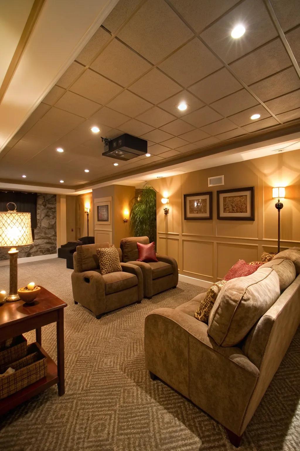 Ambient lighting bathes your basement, creating a sense of snug comfort.