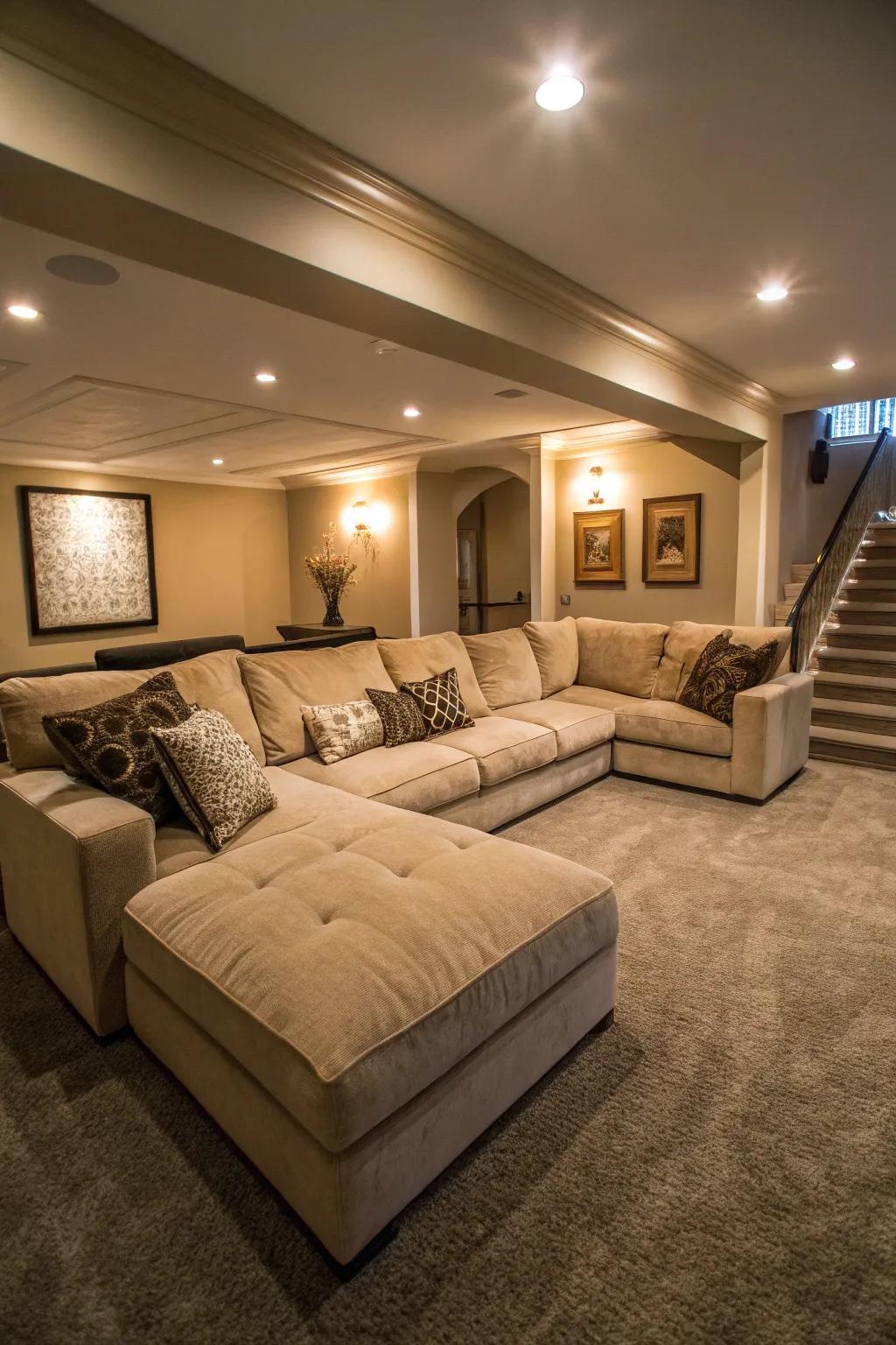 A wraparound modular couch provides plentiful seating for loved ones in your home theater.